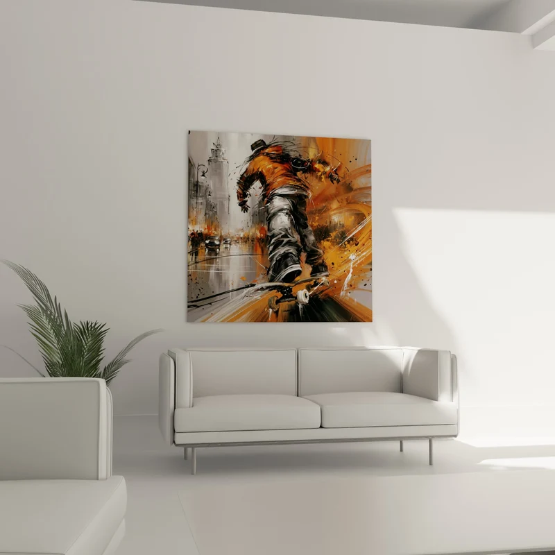Tableau Skateur orange et gris en pleine ville - Vitesse urbaine - Edition Skateboard