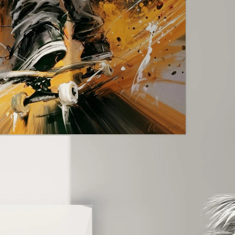 Tableau Skateur orange et gris en pleine ville - Vitesse urbaine - Edition Skateboard