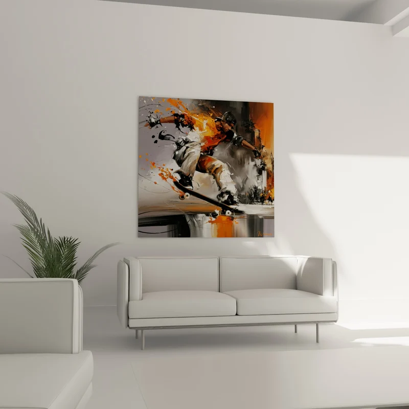 Tableau Skateur en action orange et anthracite - Envol urbain - Edition Skateboard