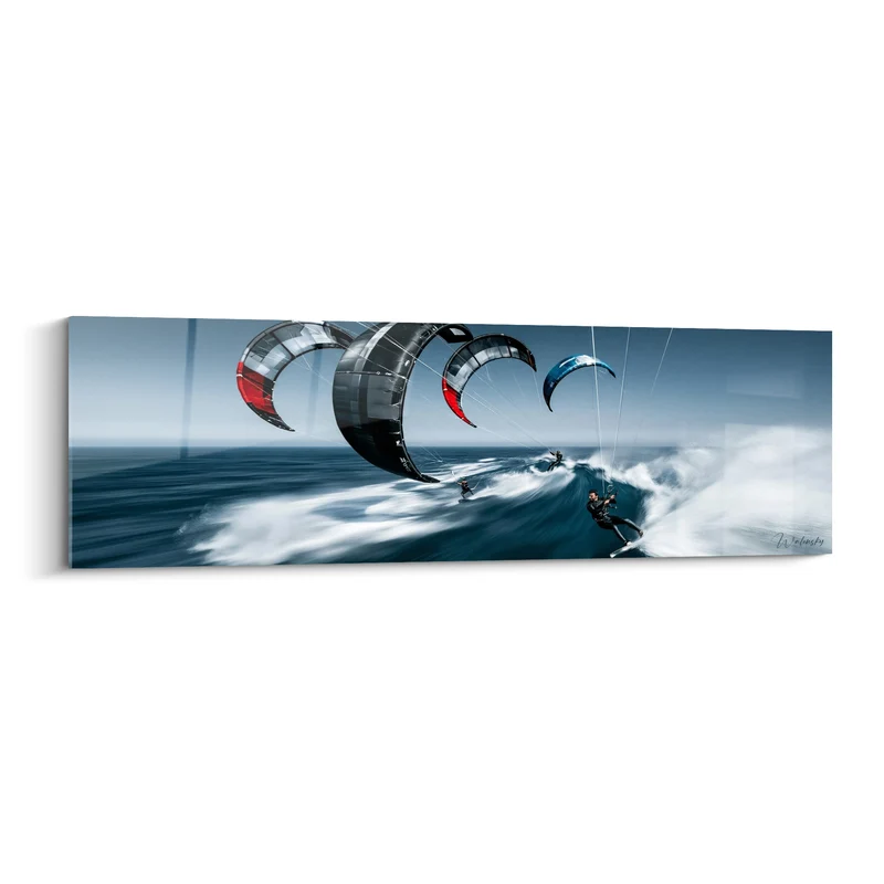 Tableau Kitesurfeurs voiles noires et rouges sur vagues - Course sur l'écume - Edition Kite surf
