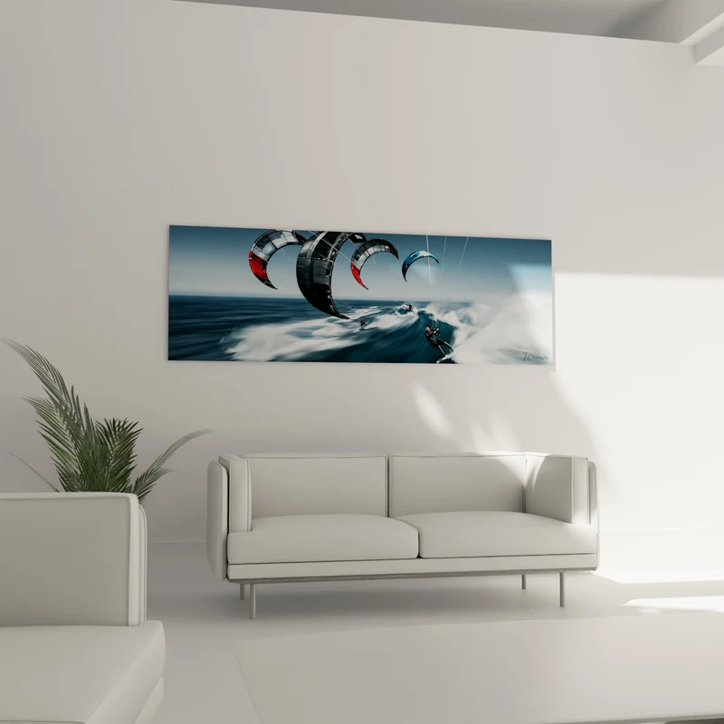 Tableau Kitesurfeurs voiles noires et rouges sur vagues - Course sur l'écume - Edition Kite surf