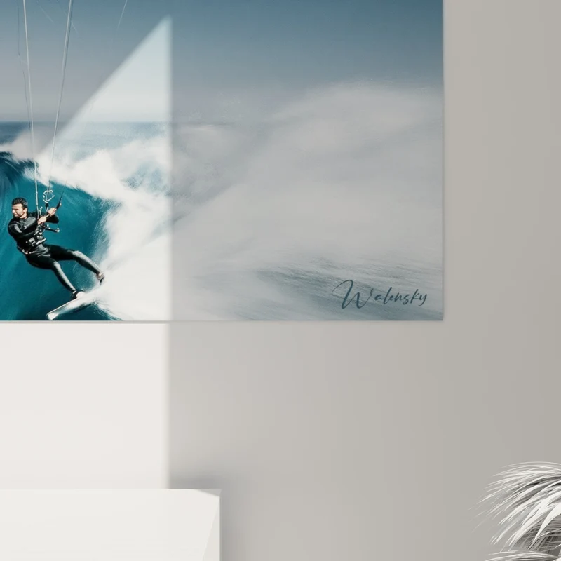 Tableau Kitesurfeurs voiles noires et rouges sur vagues - Course sur l'écume - Edition Kite surf