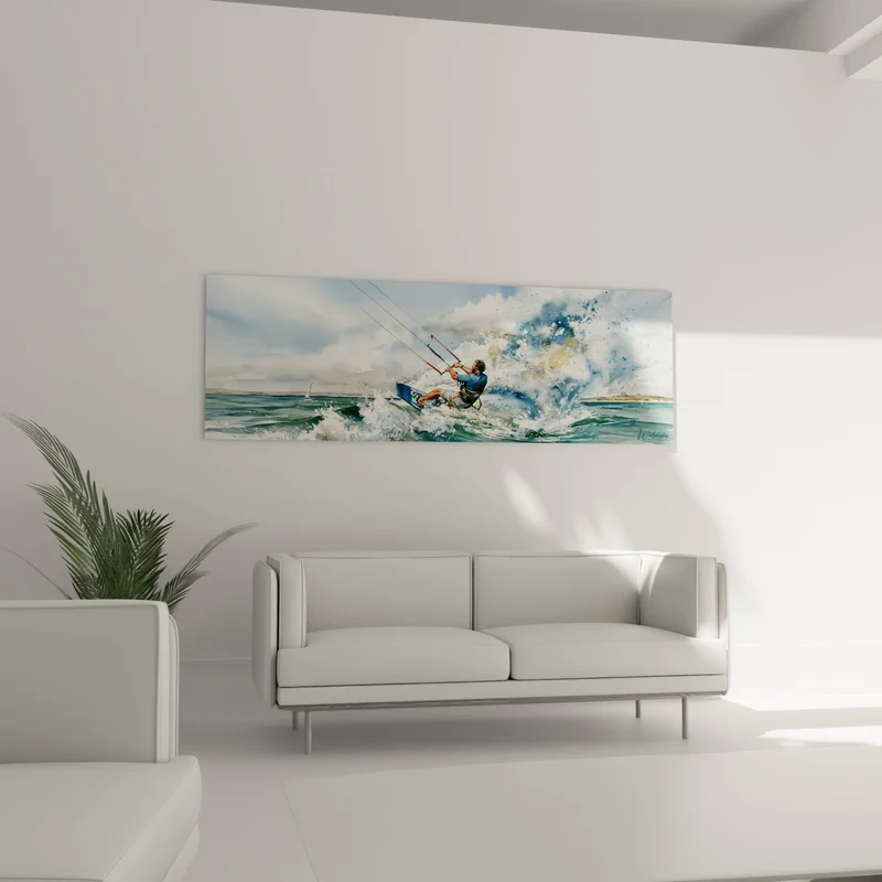 Tableau Kitesurfeur bleu et blanc fendant les vagues - Éclaboussure marine - Edition Kite surf