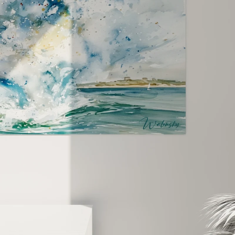 Tableau Kitesurfeur bleu et blanc fendant les vagues - Éclaboussure marine - Edition Kite surf