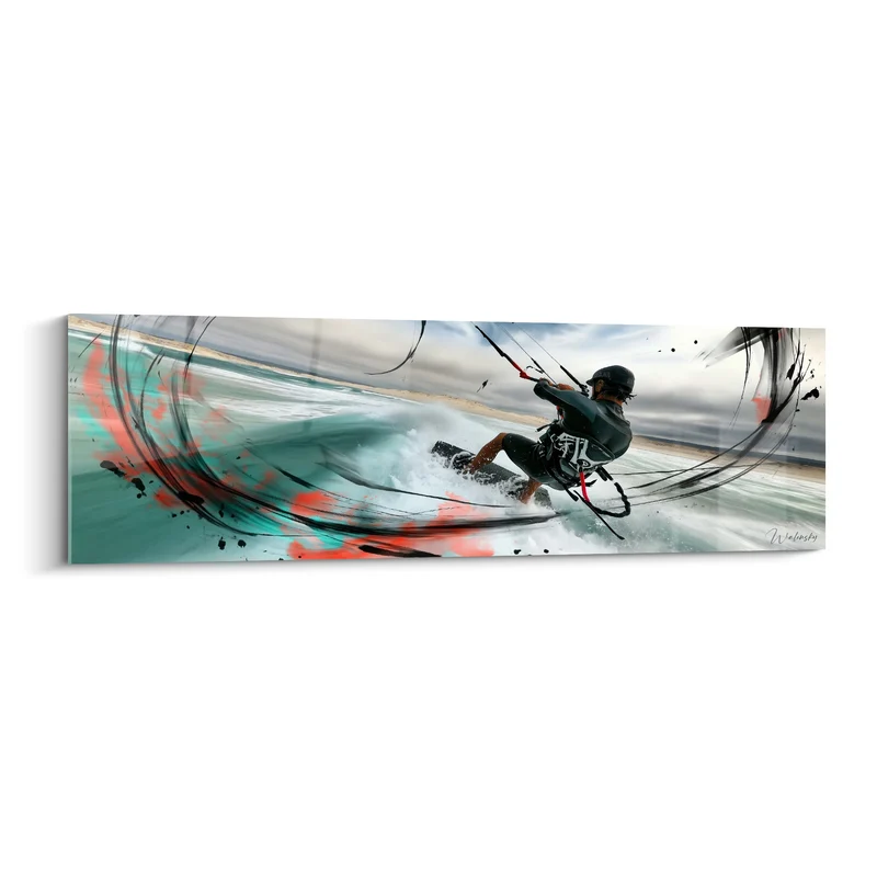 Tableau Kitesurfeur casqué noir et turquoise sur tourbillon d'encre - Plage sablonneuse en arrière-plan - Edition Kite surf
