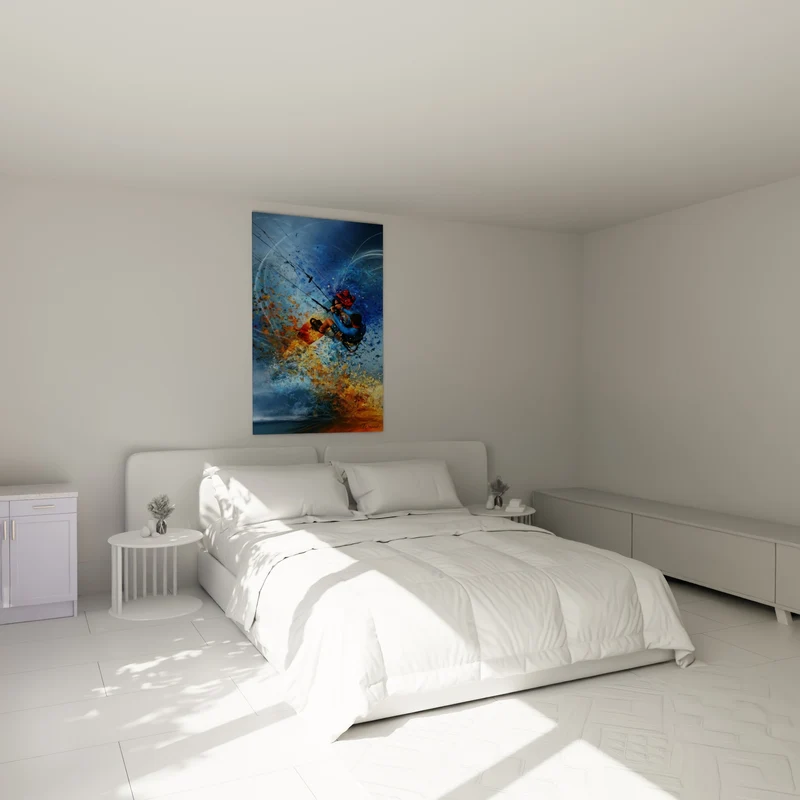 Tableau Kitesurfeur bleu et orange en explosion de fragments - Cercle blanc traceur - Edition Kite surf