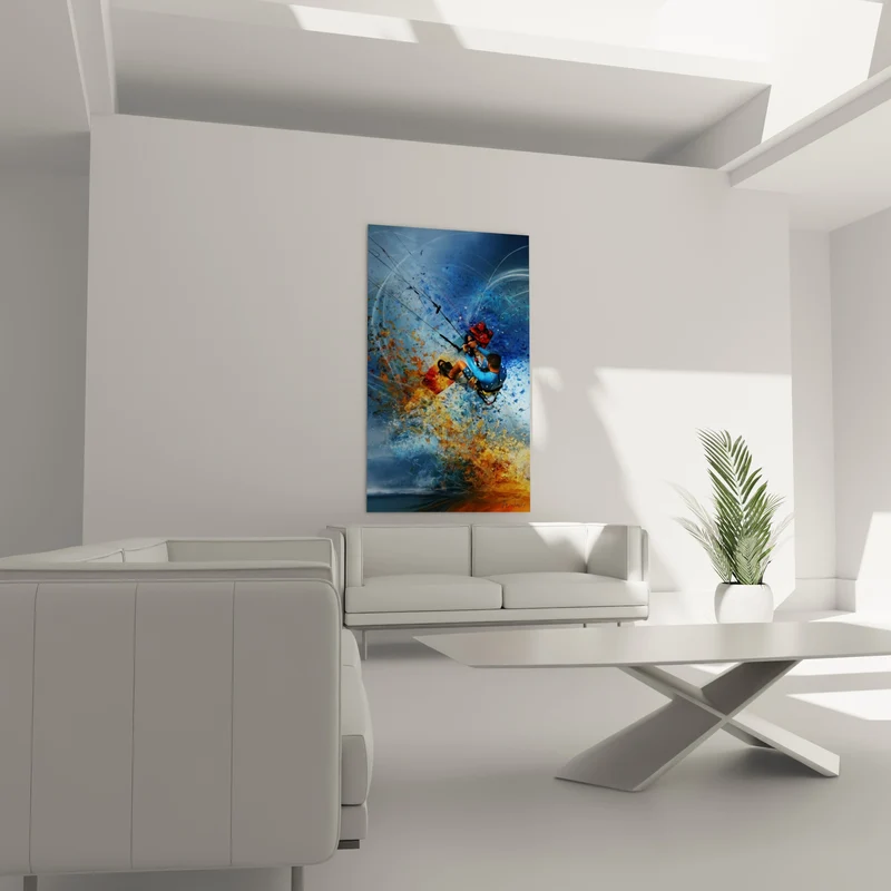 Tableau Kitesurfeur bleu et orange en explosion de fragments - Cercle blanc traceur - Edition Kite surf