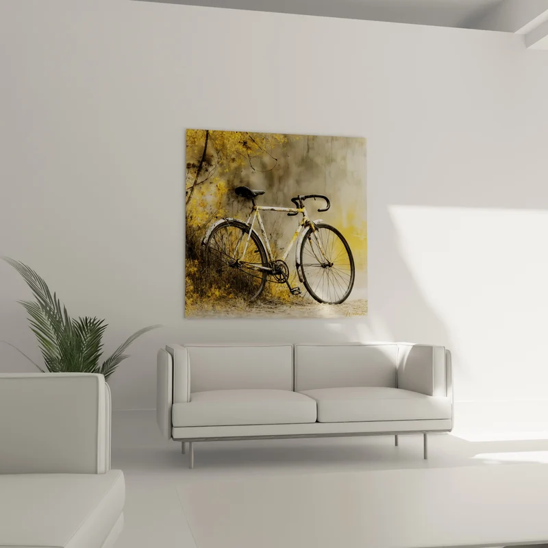 Tableau Vélo blanc et jaune contre un mur - Souvenir oublié - Edition Cyclisme