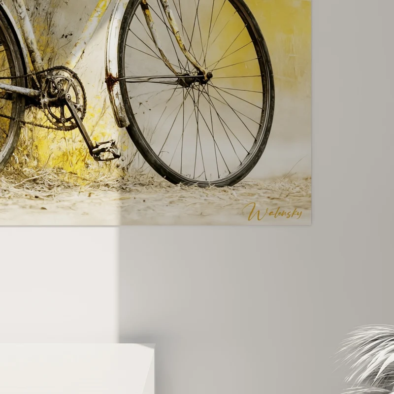 Tableau Vélo blanc et jaune contre un mur - Souvenir oublié - Edition Cyclisme