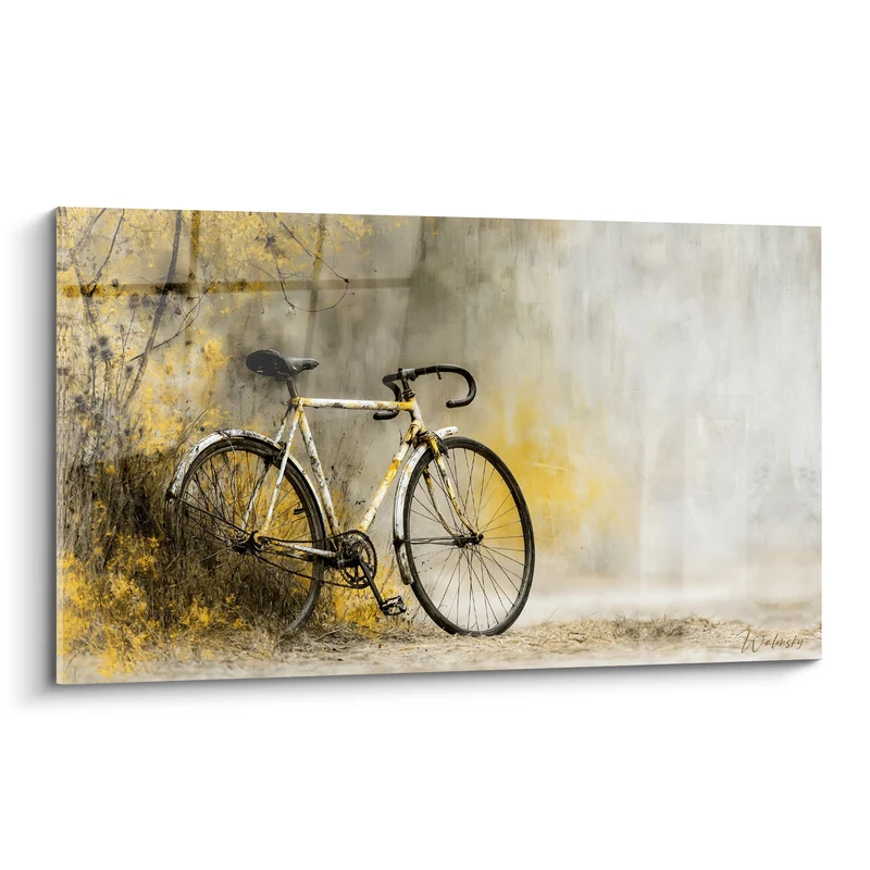 Tableau Vélo blanc et jaune contre végétation sauvage - Herbes sèches dorées - Edition Cyclisme