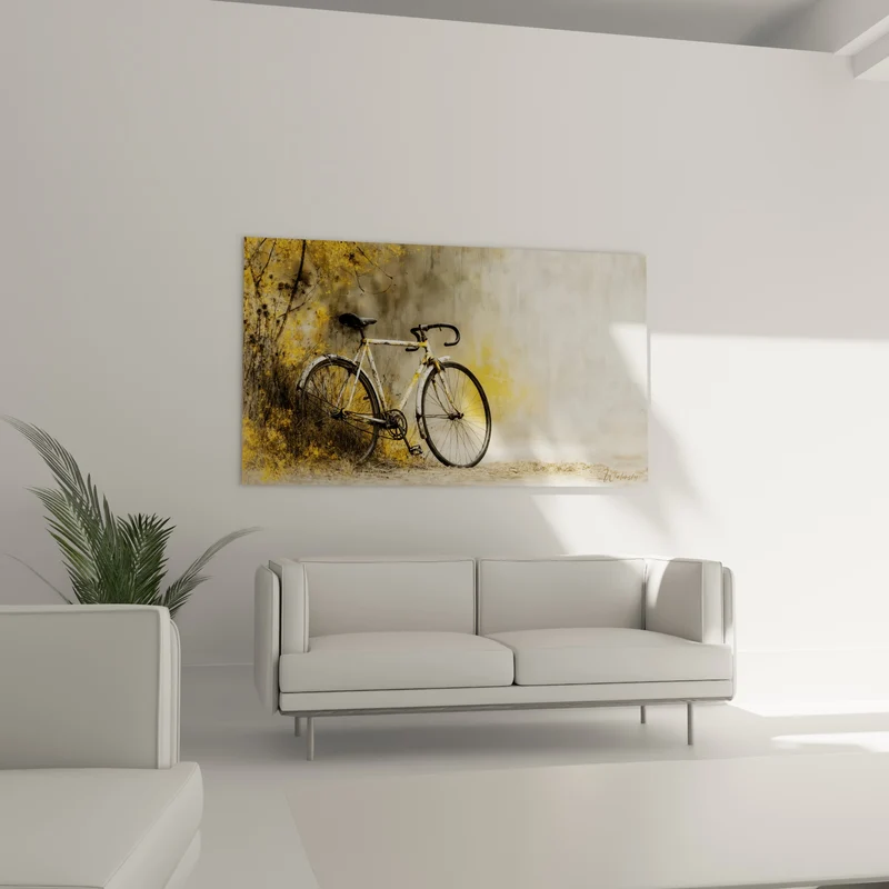 Tableau Vélo blanc et jaune contre végétation sauvage - Herbes sèches dorées - Edition Cyclisme