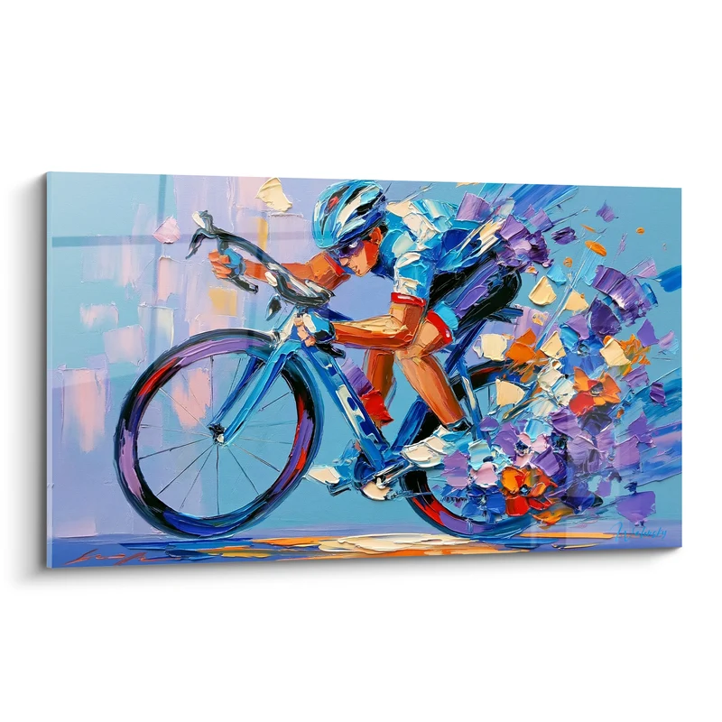 Tableau Cycliste bleu aux éclats violets et oranges - Sprint en fleurs - Edition Cyclisme