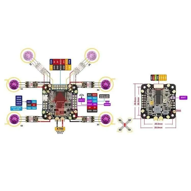 DYS Flugsteuerung F4 PRO V2 Betaflight mit integriertem OSD-Flachkabelanschluss für 5V / 3A 9V / 1.2A BEC