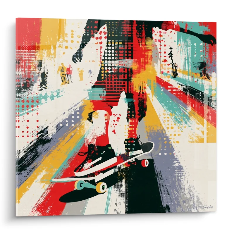 Tableau Skateur silhouette rouge et turquoise en mouvement - Glisse urbaine - Edition Skateboard