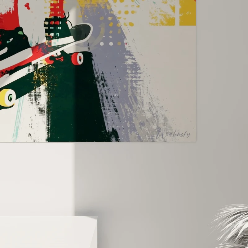 Tableau Skateur silhouette rouge et turquoise en mouvement - Glisse urbaine - Edition Skateboard
