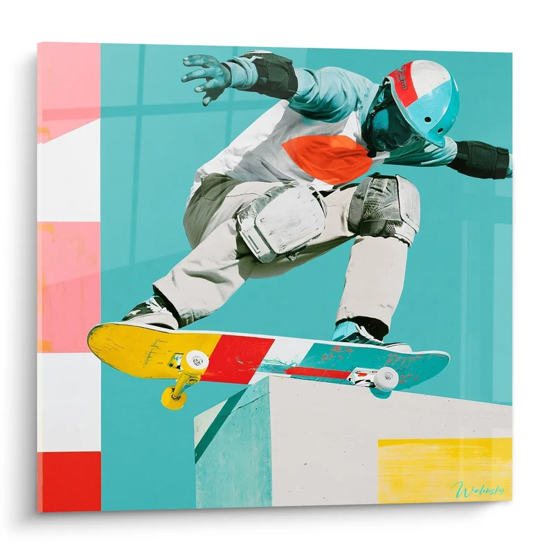 Tableau Skateur casqué en figure sur rampe géométrique - Suspension aérienne - Edition Skateboard