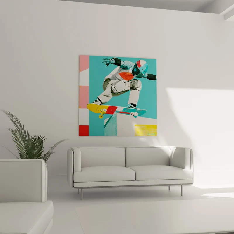 Tableau Skateur casqué en figure sur rampe géométrique - Suspension aérienne - Edition Skateboard