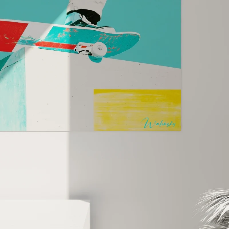 Tableau Skateur casqué en figure sur rampe géométrique - Suspension aérienne - Edition Skateboard