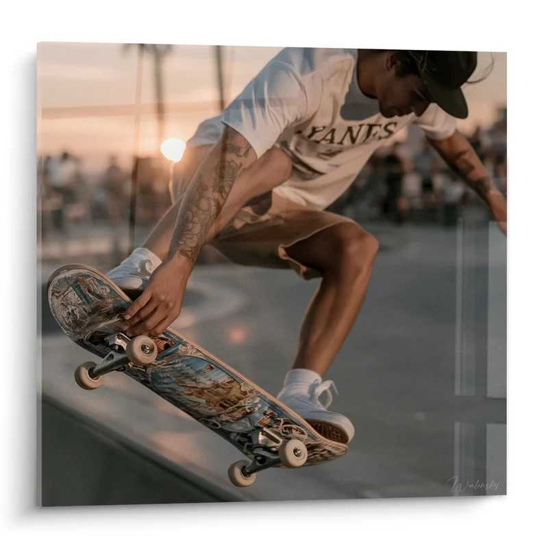 Tableau Skateur beige et brun en saut - Envol au crépuscule - Edition Skateboard