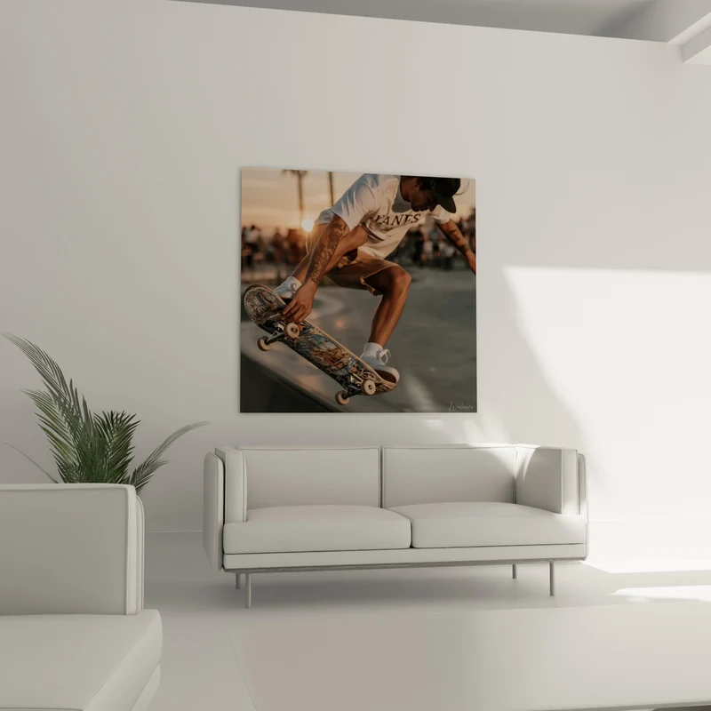 Tableau Skateur beige et brun en saut - Envol au crépuscule - Edition Skateboard