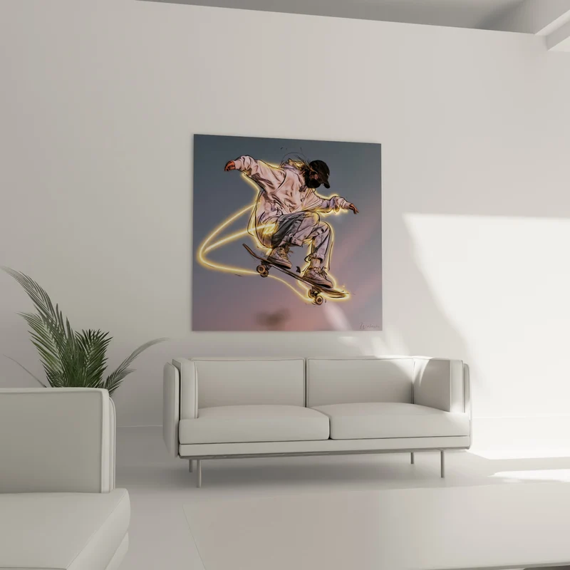 Tableau Skateur gris et doré en plein saut - Envol lumineux - Edition Skateboard