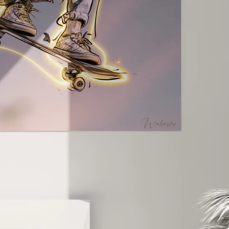 Tableau Skateur gris et doré en plein saut - Envol lumineux - Edition Skateboard