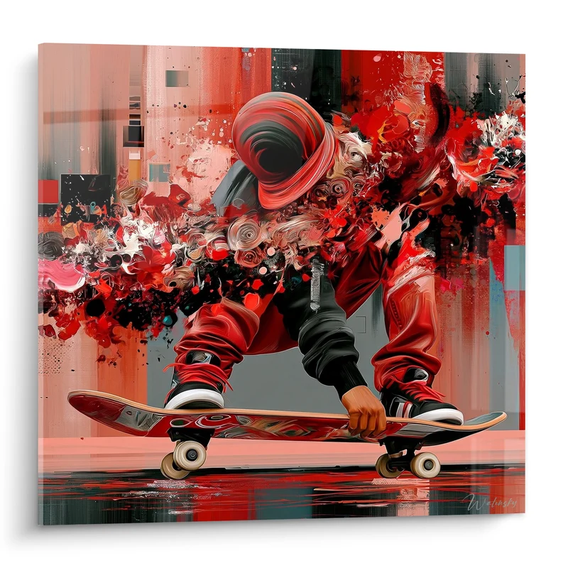 Tableau Skateur rouge et noir en explosion picturale - Vitesse fragmentée - Edition Skateboard