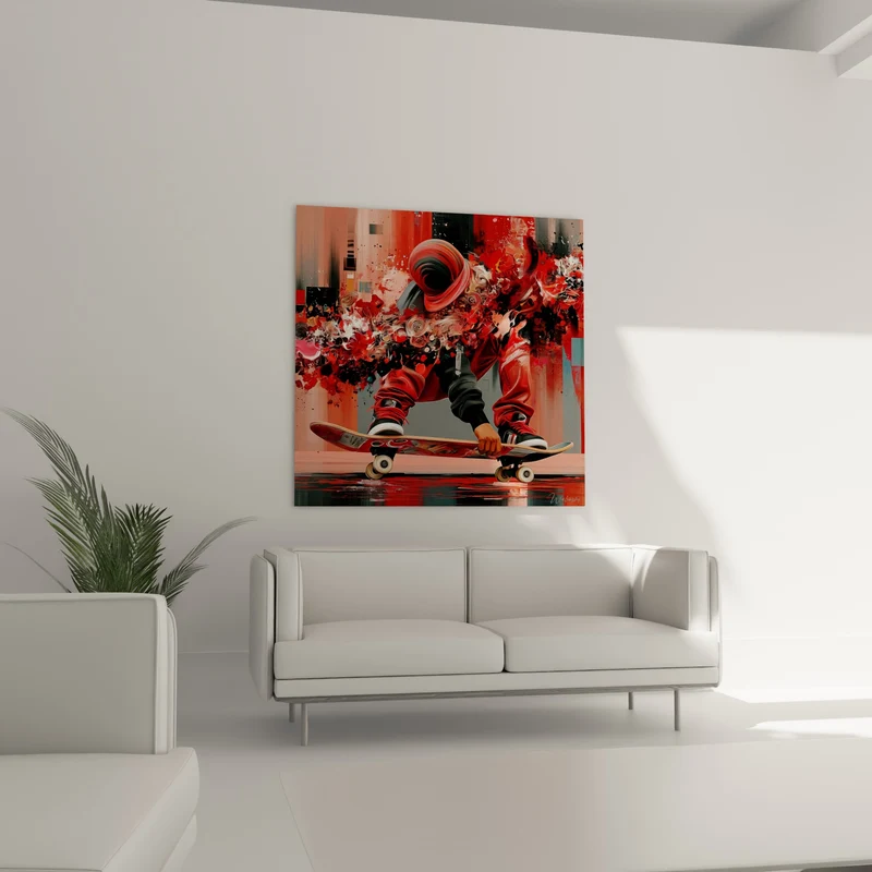 Tableau Skateur rouge et noir en explosion picturale - Vitesse fragmentée - Edition Skateboard