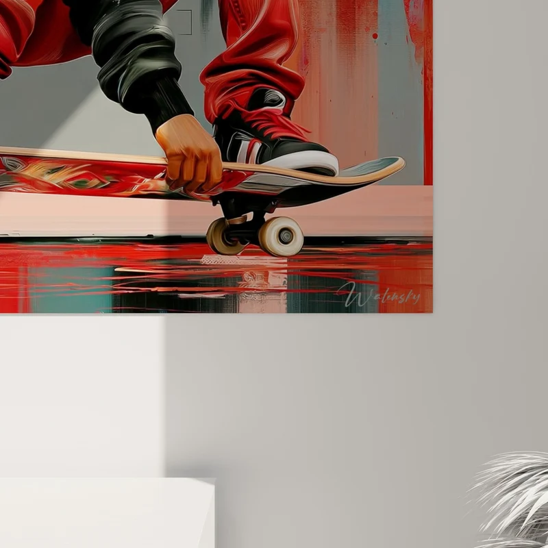 Tableau Skateur rouge et noir en explosion picturale - Vitesse fragmentée - Edition Skateboard