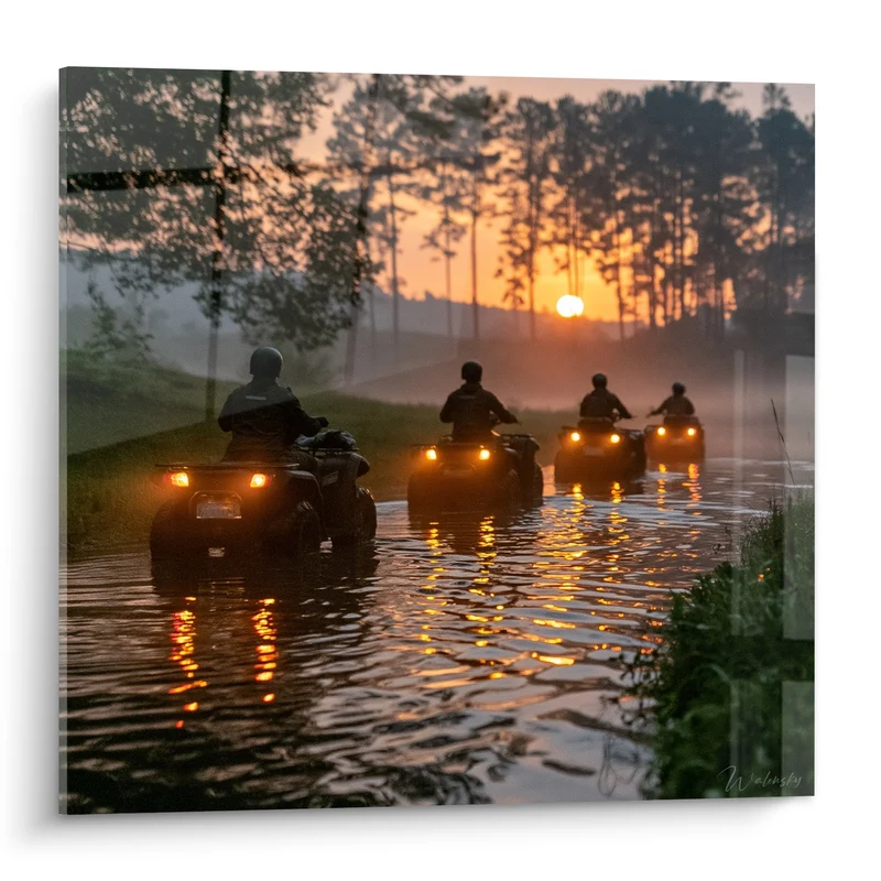 Tableau Quads traversant une rivière au coucher du soleil - Traversée au crépuscule - Edition Quad