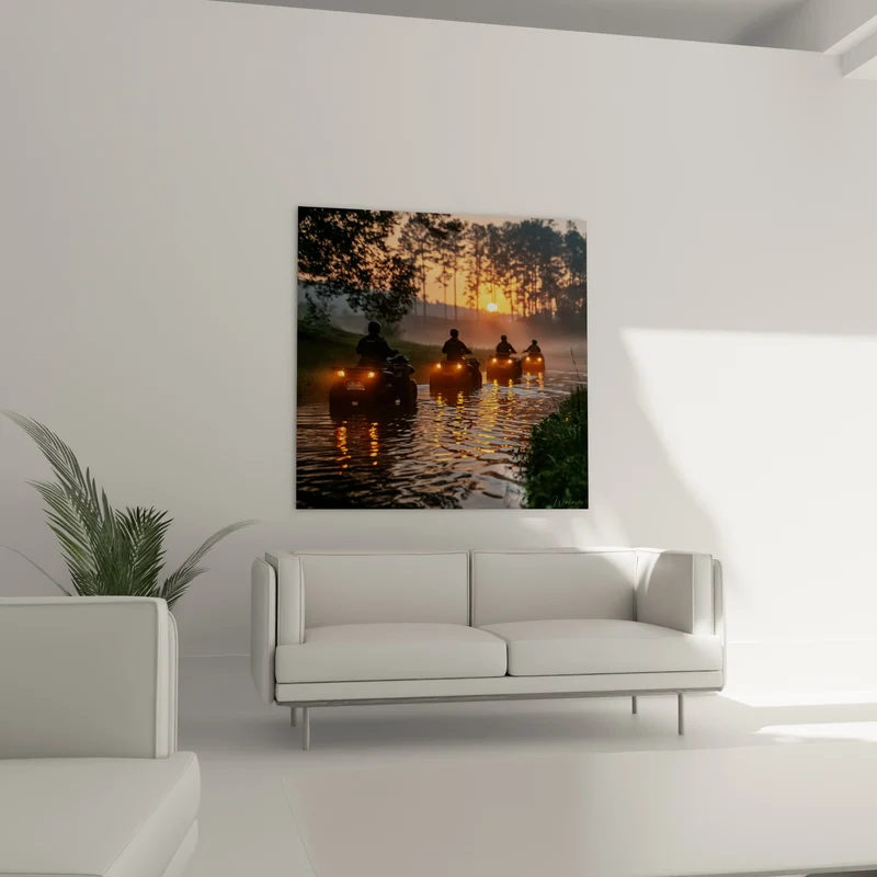 Tableau Quads traversant une rivière au coucher du soleil - Traversée au crépuscule - Edition Quad
