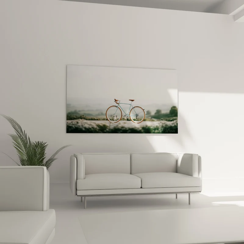 Tableau Vélo bleu pastel aux selles cognac - Pause matinale - Edition Cyclisme