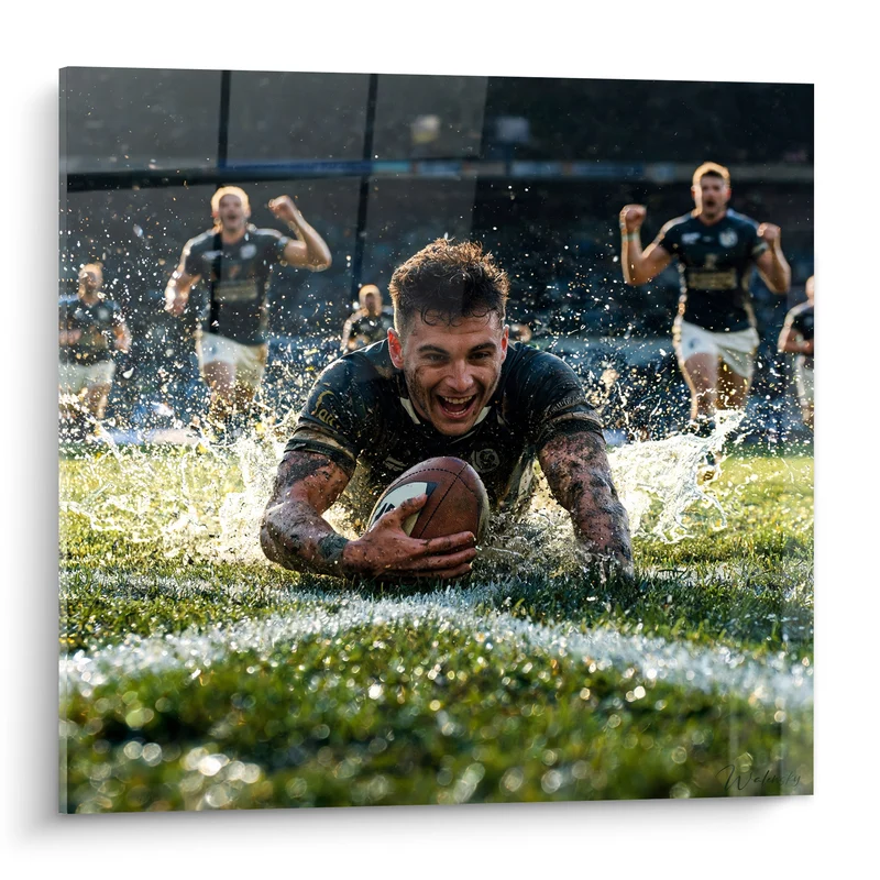 Tableau Joueur en plongeon sur pelouse trempée - Essai victorieux - Edition Rugby