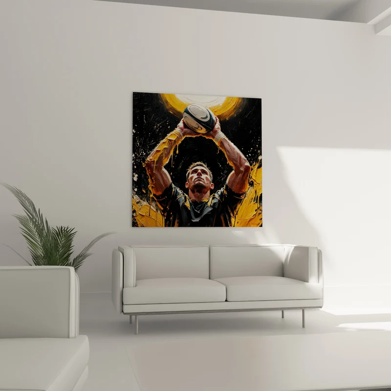 Tableau Joueur noir et jaune ballon levé - Instant suspendu - Edition Rugby