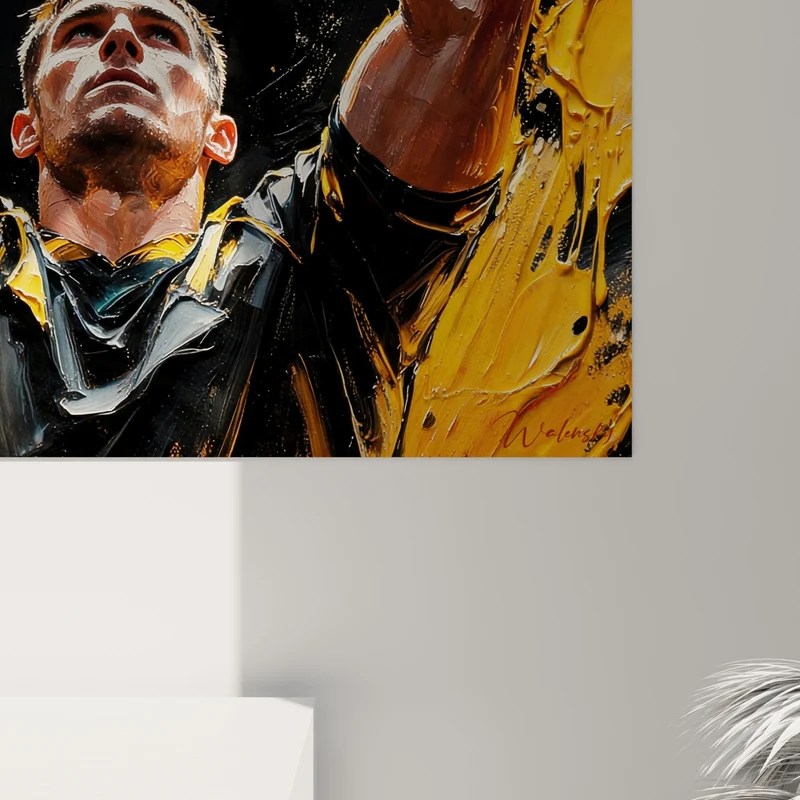Tableau Joueur noir et jaune ballon levé - Instant suspendu - Edition Rugby