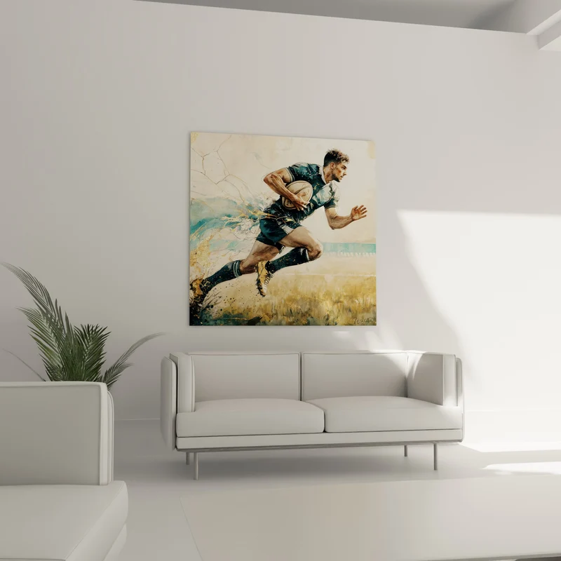 Tableau Joueur bleu marine et doré ballon en main - Percée fulgurante - Edition Rugby