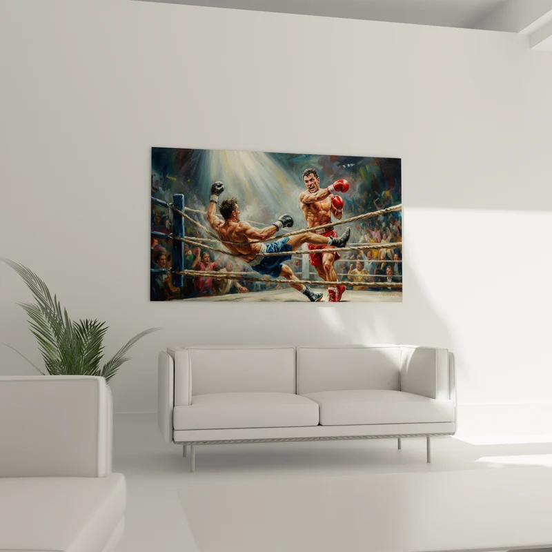 Tableau Boxeurs rouge et bleu sur le ring - Instant du KO - Edition Boxe
