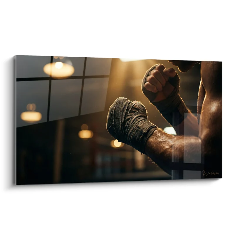 Tableau Poings bandés bruns et dorés en garde - Avant le combat - Edition Boxe
