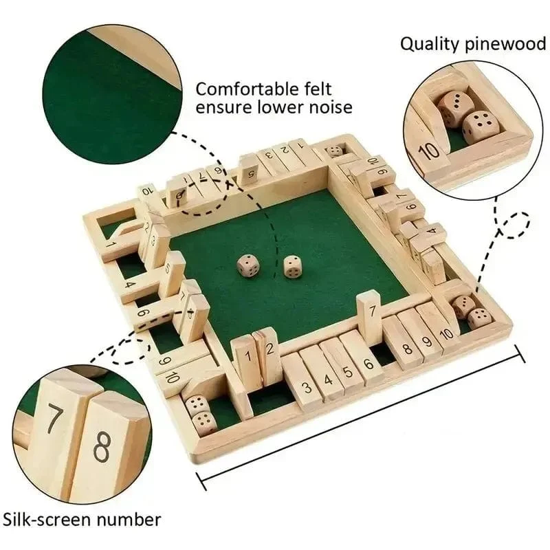 Deluxe vierseitiges 10 Numbers Shut The Box Brettspielset Würfel Party Club Trinkspiele für Erwachsene Familien