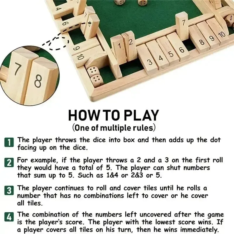 Deluxe vierseitiges 10 Numbers Shut The Box Brettspielset Würfel Party Club Trinkspiele für Erwachsene Familien