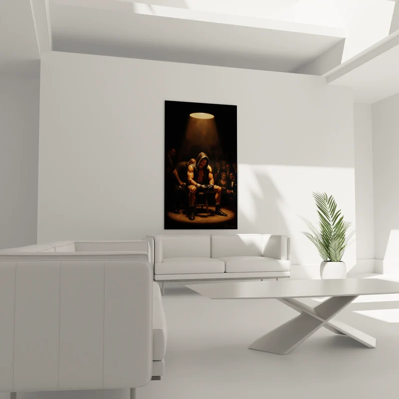 Tableau Boxeur encapuchonné brun et noir sur tabouret - Suspension de lampe circulaire - Edition Boxe