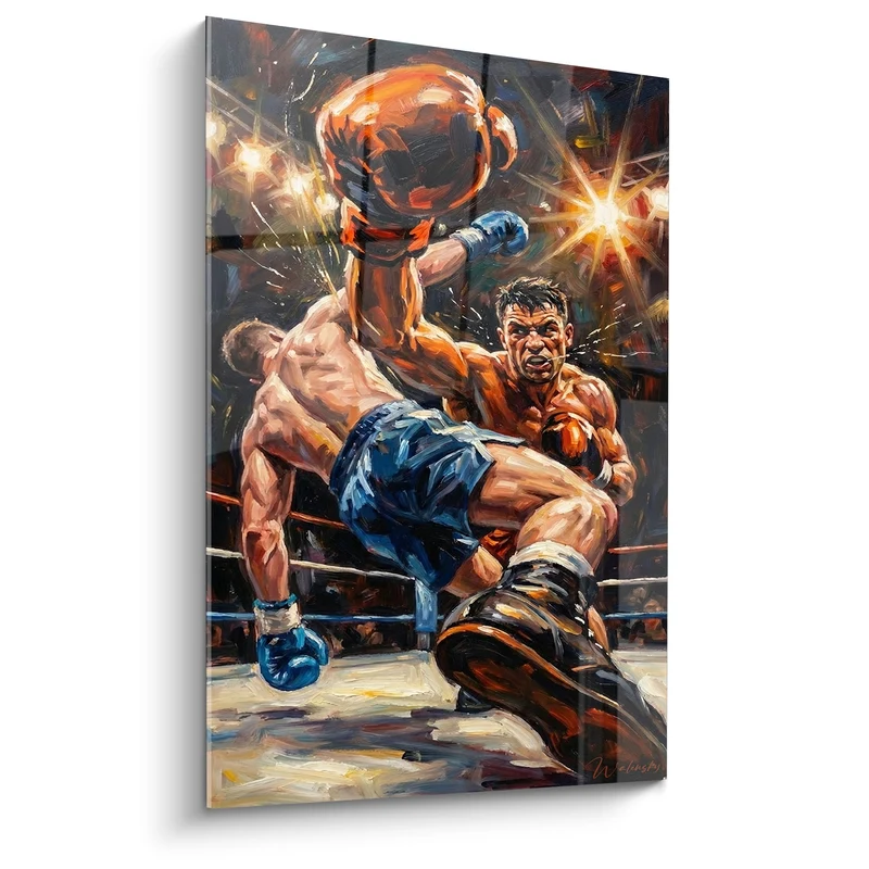 Tableau Boxeurs bleu et orangé au corps à corps - Instant du knock-out - Edition Boxe