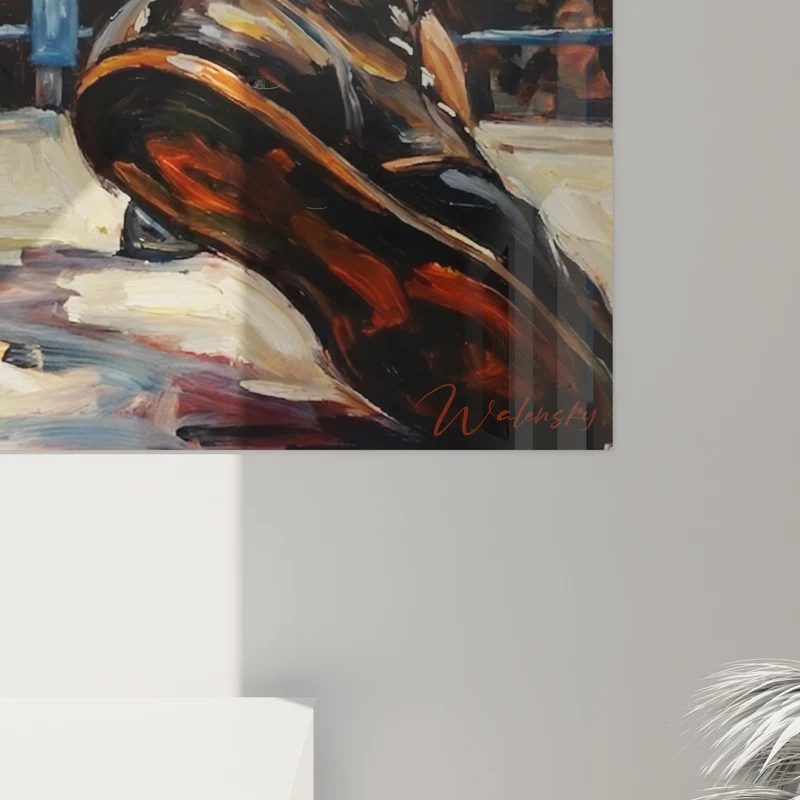 Tableau Boxeurs bleu et orangé au corps à corps - Instant du knock-out - Edition Boxe
