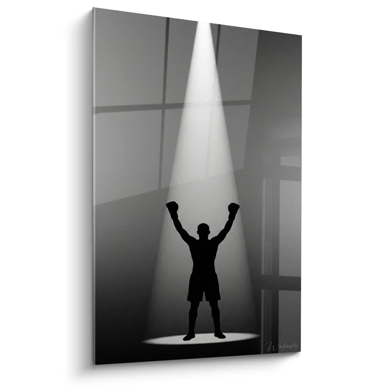 Tableau Boxeur silhouette noire sous faisceau blanc - Instant de triomphe - Edition Boxe