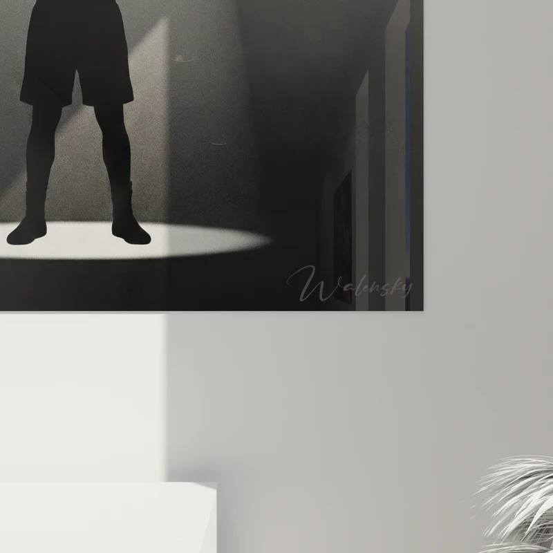 Tableau Boxeur silhouette noire sous faisceau blanc - Instant de triomphe - Edition Boxe