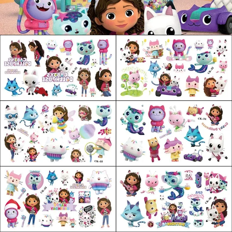 6 Stück Gabby Puppenhaus Tattoo-Aufkleber, wasserdicht, niedlich, Aufkleber, Anime, Geburtstagsfeierbedarf, Dekoration für Kinder, Belohnungsaufkleber